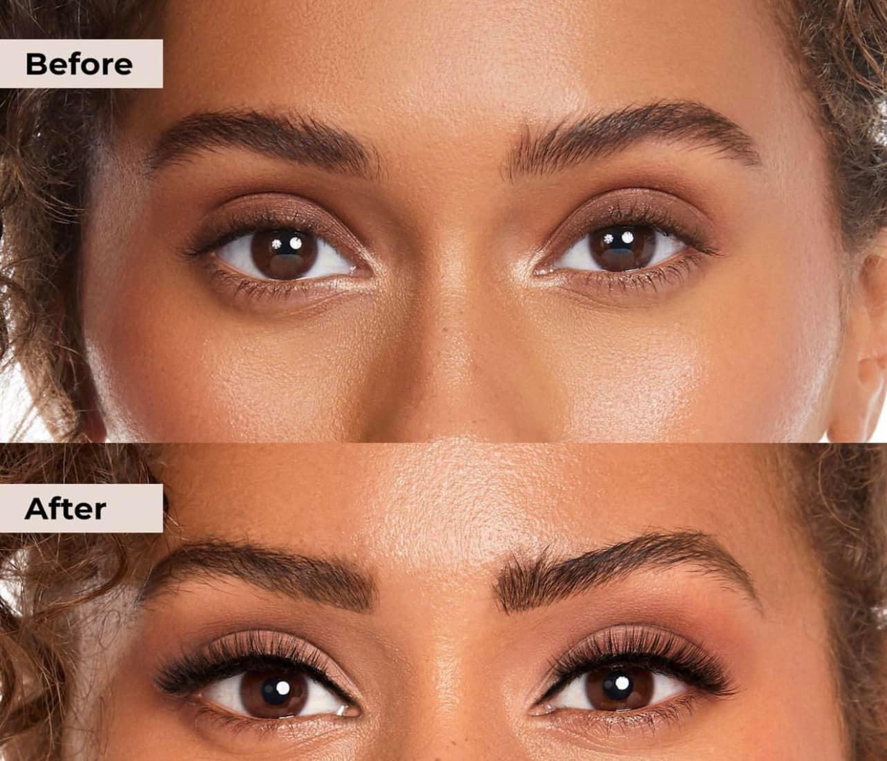 Before and after eyebrow threading — fuller, defined brow shape