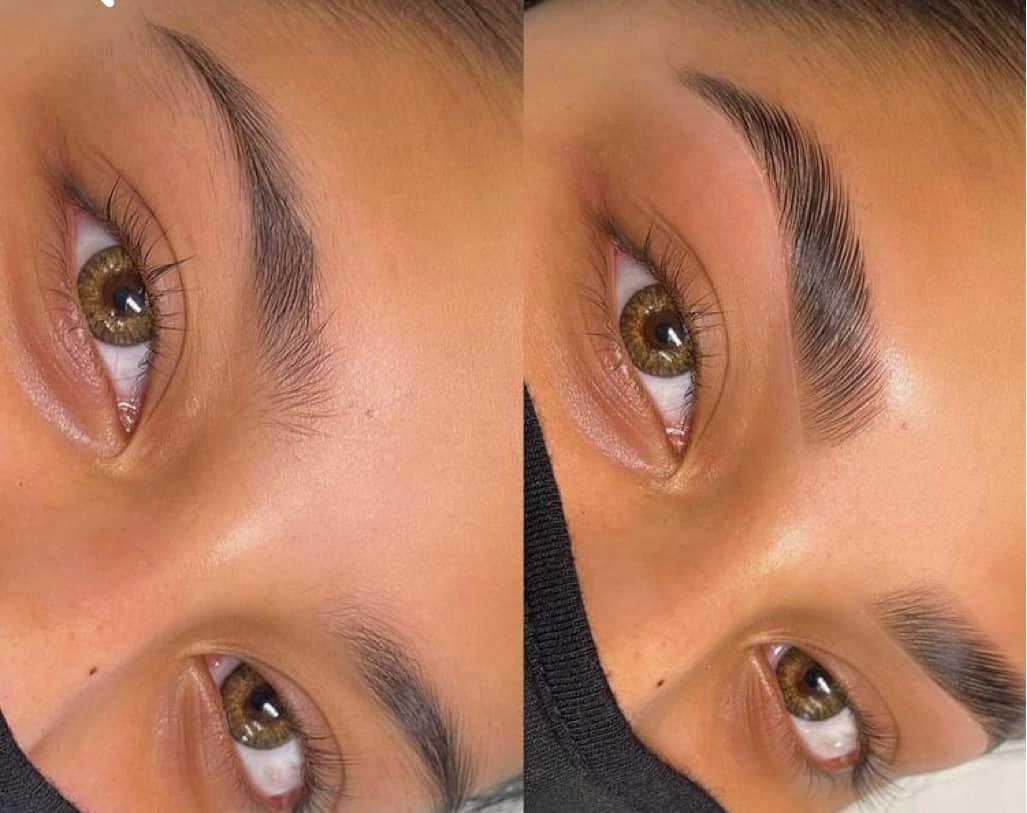 Before and after eyebrow threading, close-up comparison